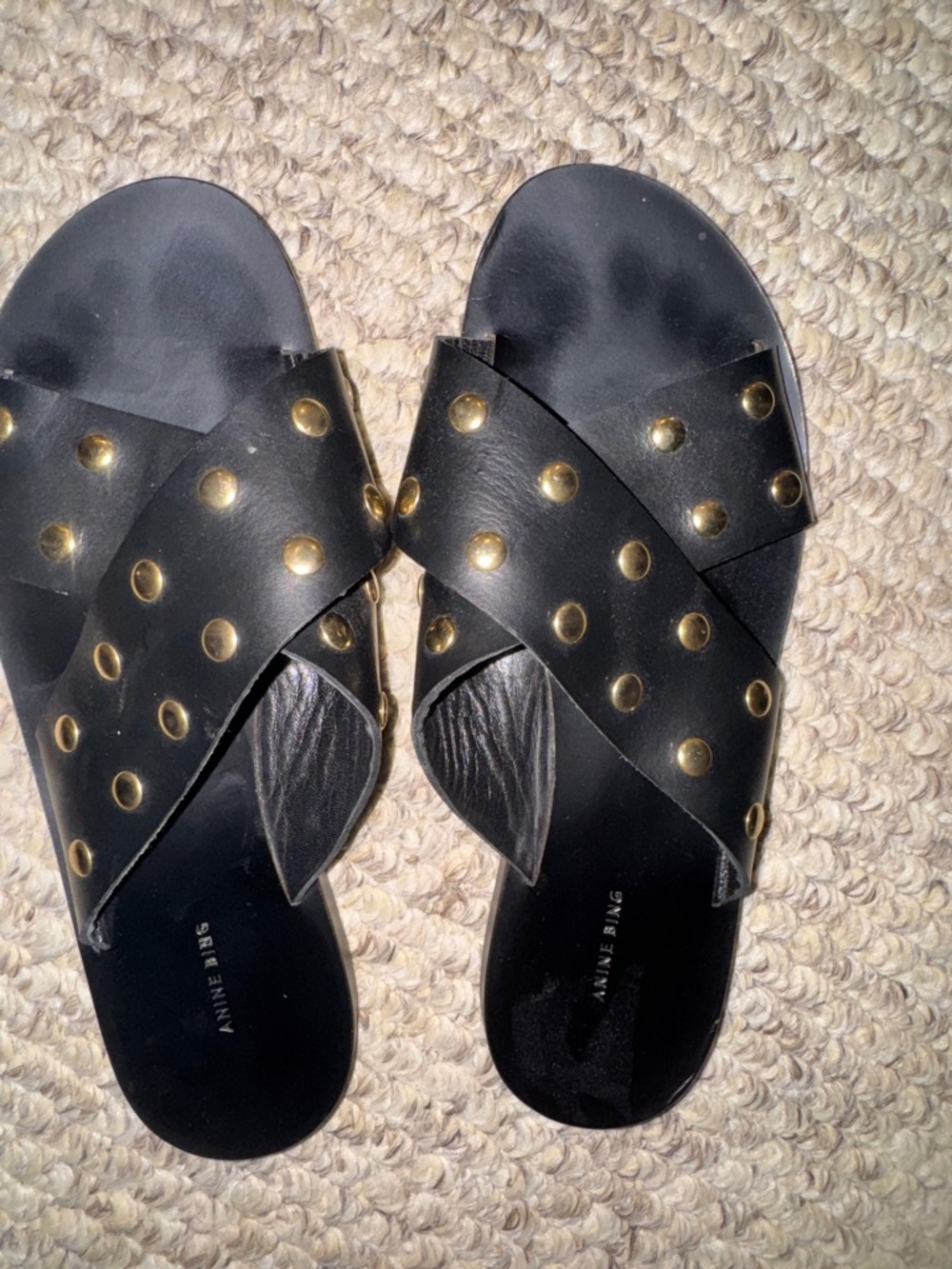 Anine Bing Black Leather Studded Slide Sandals - Picture 6 of 6